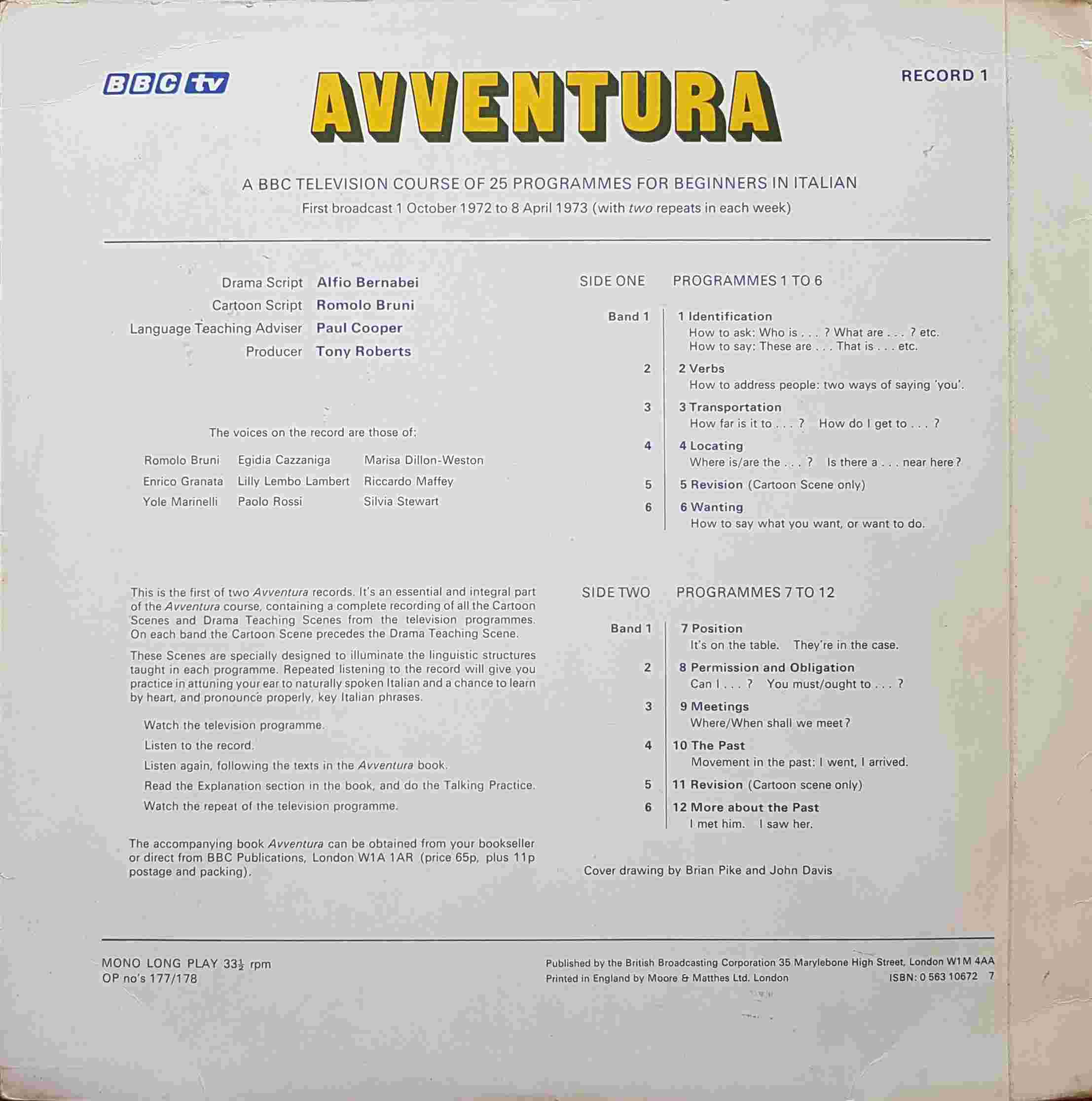 Picture of OP 177/178 Avventura - A beginner's course in Italian - Record 1 - Programmes 1 - 12 by artist Alfio Bernabei / Romolo Bruni from the BBC records and Tapes library
